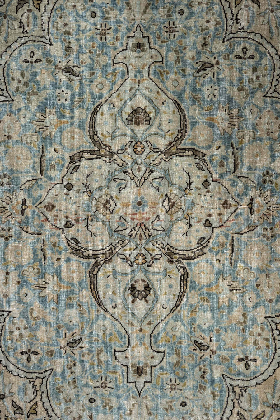 7' x 10' one-of-a-kind handmade antique Kashan large size rug. Color palette: pale blue, ivory, taupe, brown, camel, slate