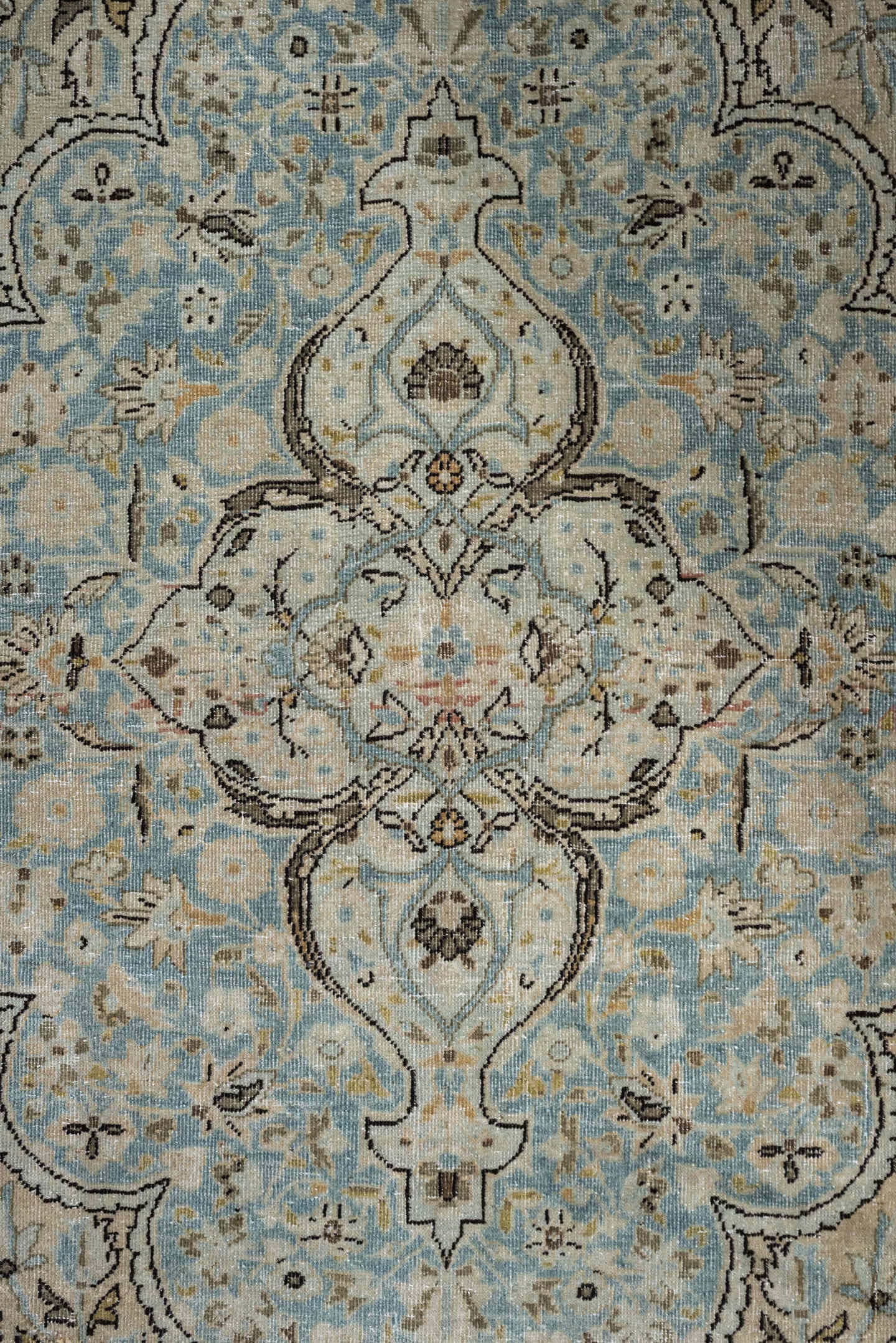 7' x 10' one-of-a-kind handmade antique Kashan large size rug. Color palette: pale blue, ivory, taupe, brown, camel, slate