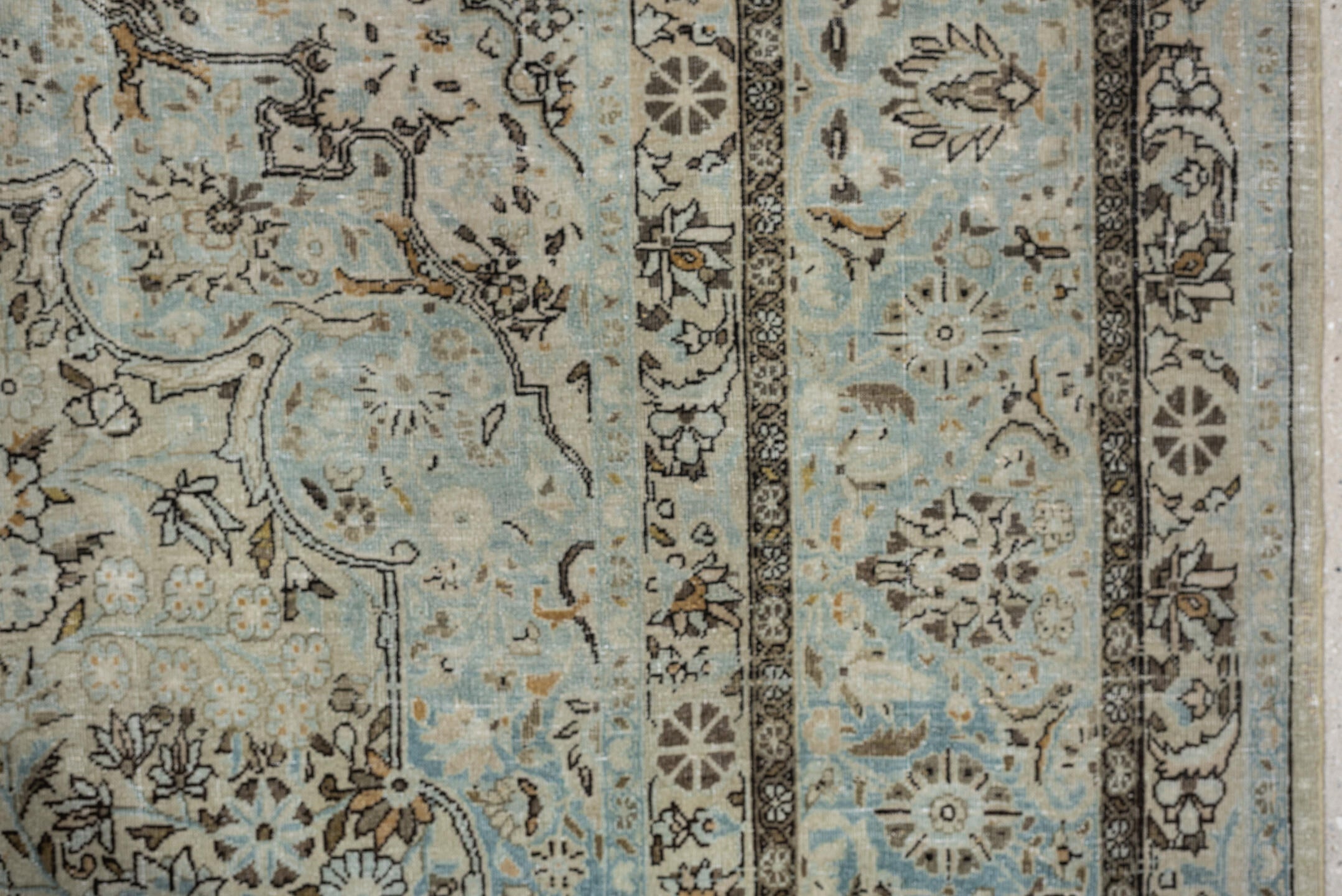 7' x 10' one-of-a-kind handmade antique Kashan large size rug. Color palette: pale blue, ivory, taupe, brown, camel, slate
