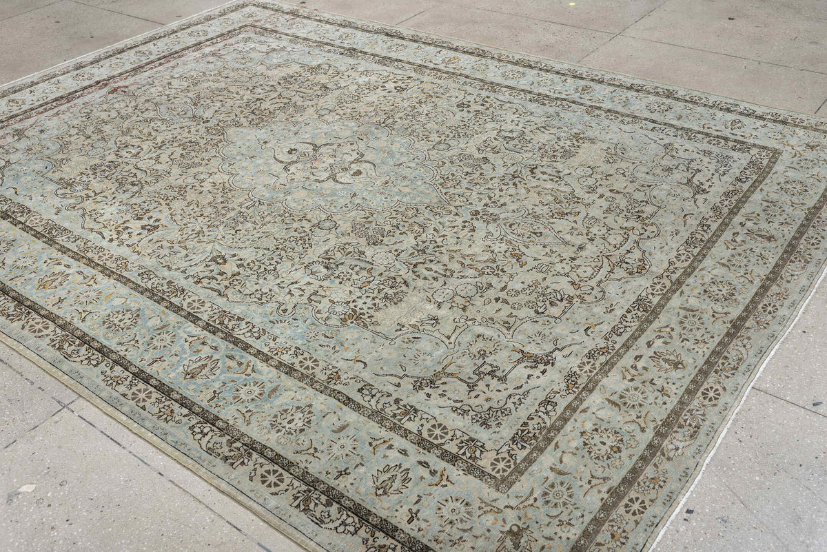 7' x 10' one-of-a-kind handmade antique Kashan large size rug. Color palette: pale blue, ivory, taupe, brown, camel, slate