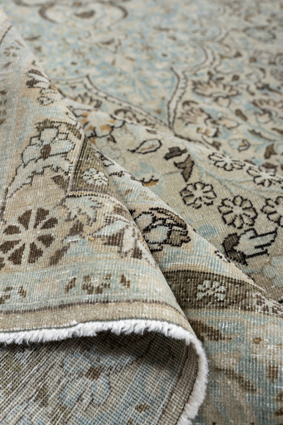 7' x 10' one-of-a-kind handmade antique Kashan large size rug. Color palette: pale blue, ivory, taupe, brown, camel, slate