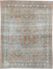 7' x 10' one-of-a-kind handmade antique Kashan large size rug. Color palette: pale aqua, ivory, terracotta, light blue