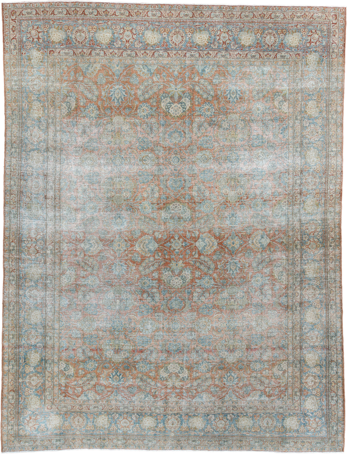 7' x 10' one-of-a-kind handmade antique Kashan large size rug. Color palette: pale aqua, ivory, terracotta, light blue