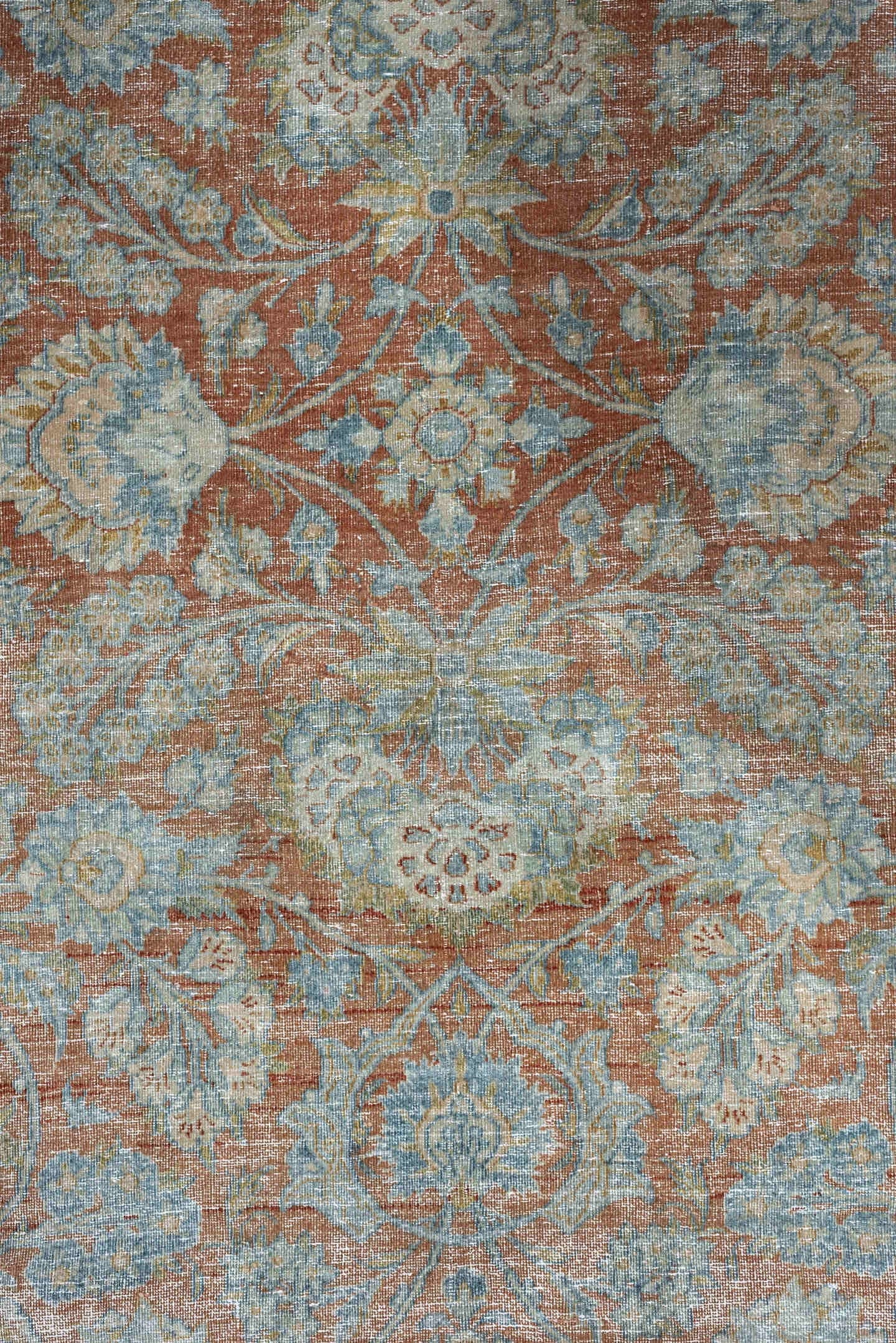 7' x 10' one-of-a-kind handmade antique Kashan large size rug. Color palette: pale aqua, ivory, terracotta, light blue