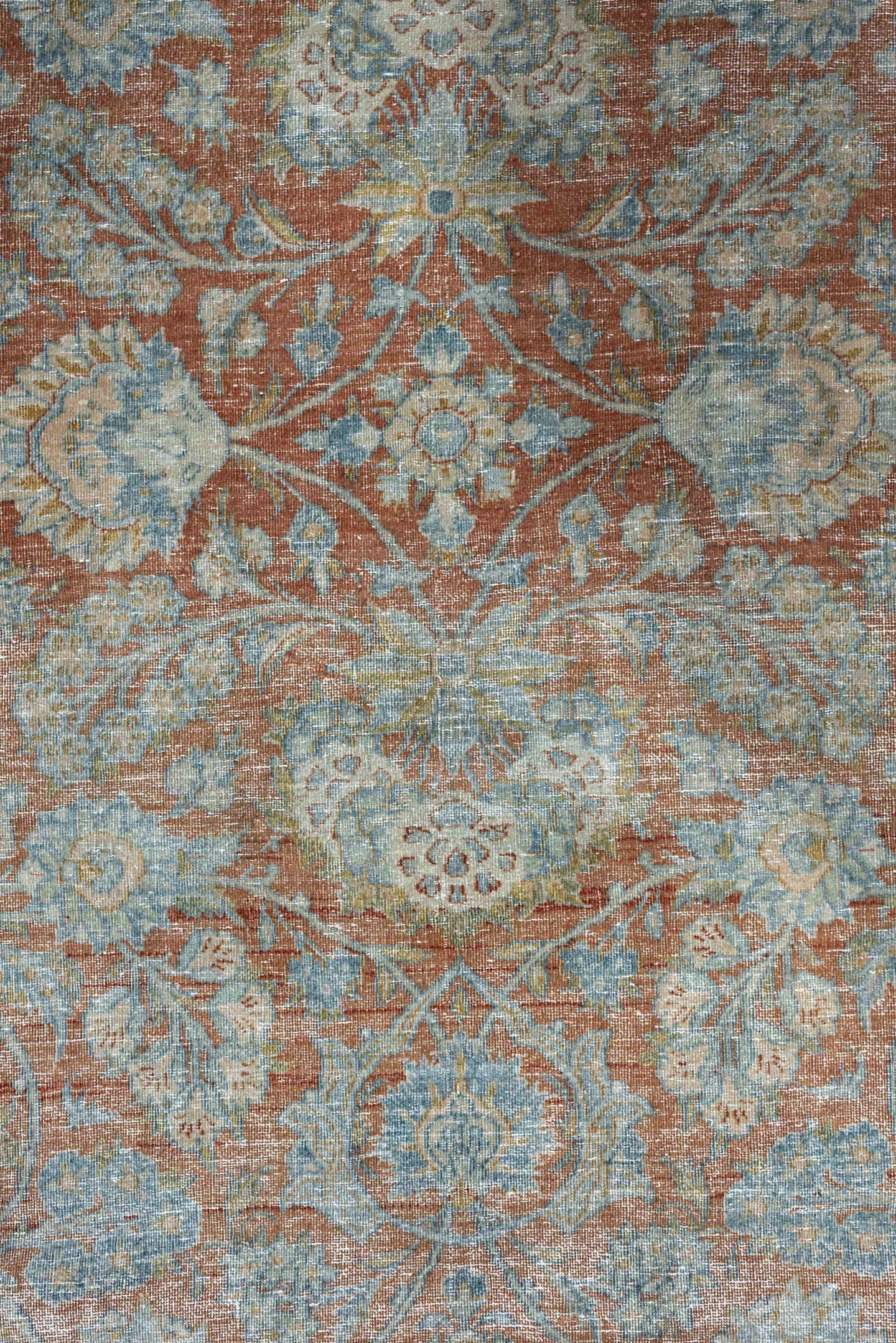 7' x 10' one-of-a-kind handmade antique Kashan large size rug. Color palette: pale aqua, ivory, terracotta, light blue