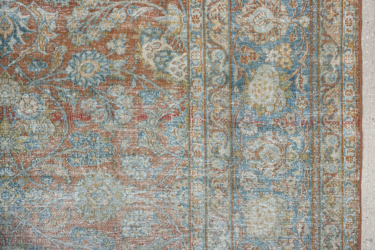 7' x 10' one-of-a-kind handmade antique Kashan large size rug. Color palette: pale aqua, ivory, terracotta, light blue