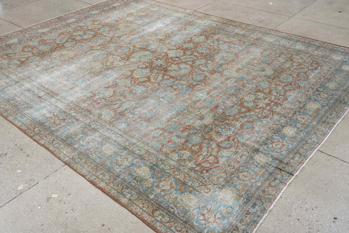 7' x 10' one-of-a-kind handmade antique Kashan large size rug. Color palette: pale aqua, ivory, terracotta, light blue