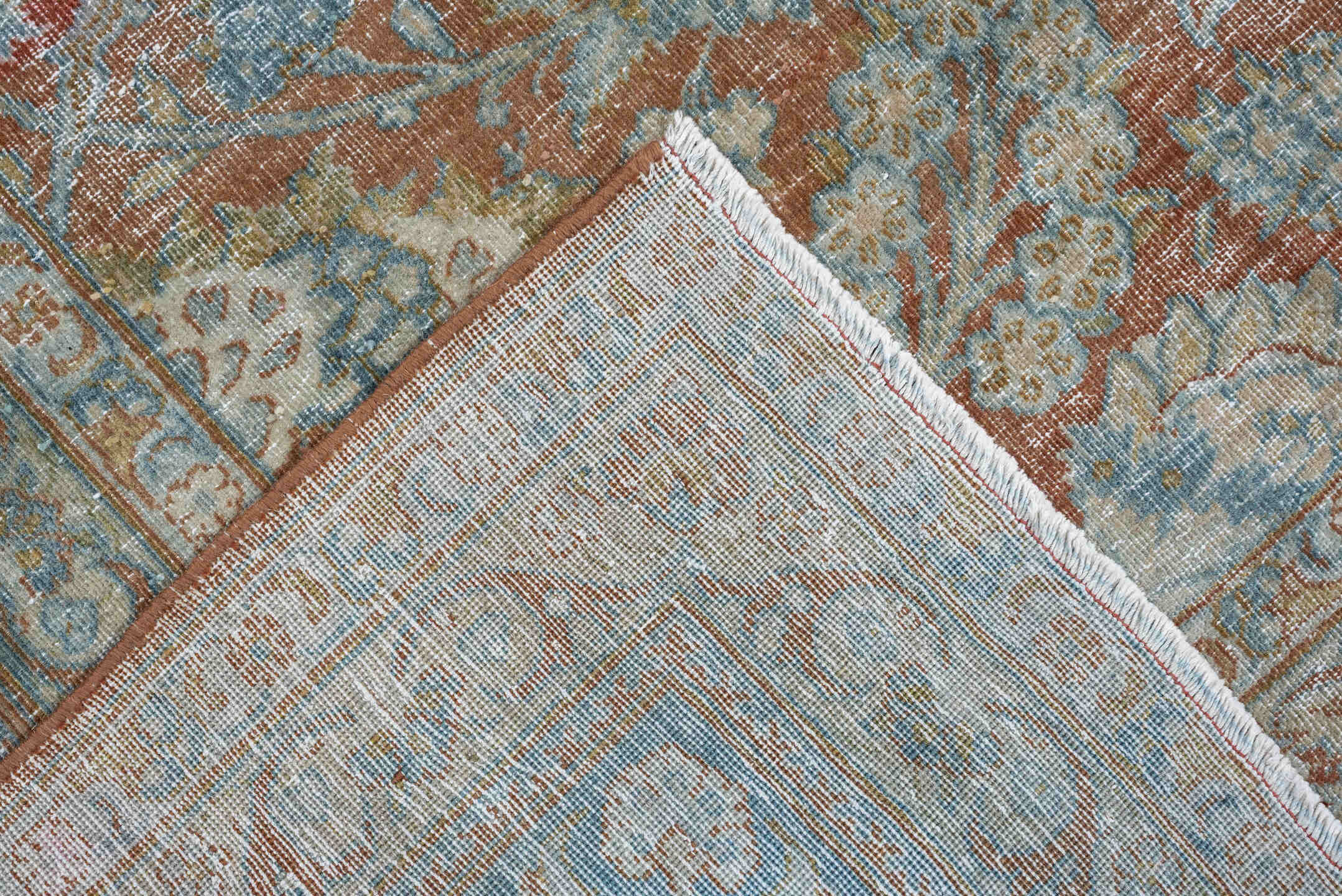 7' x 10' one-of-a-kind handmade antique Kashan large size rug. Color palette: pale aqua, ivory, terracotta, light blue