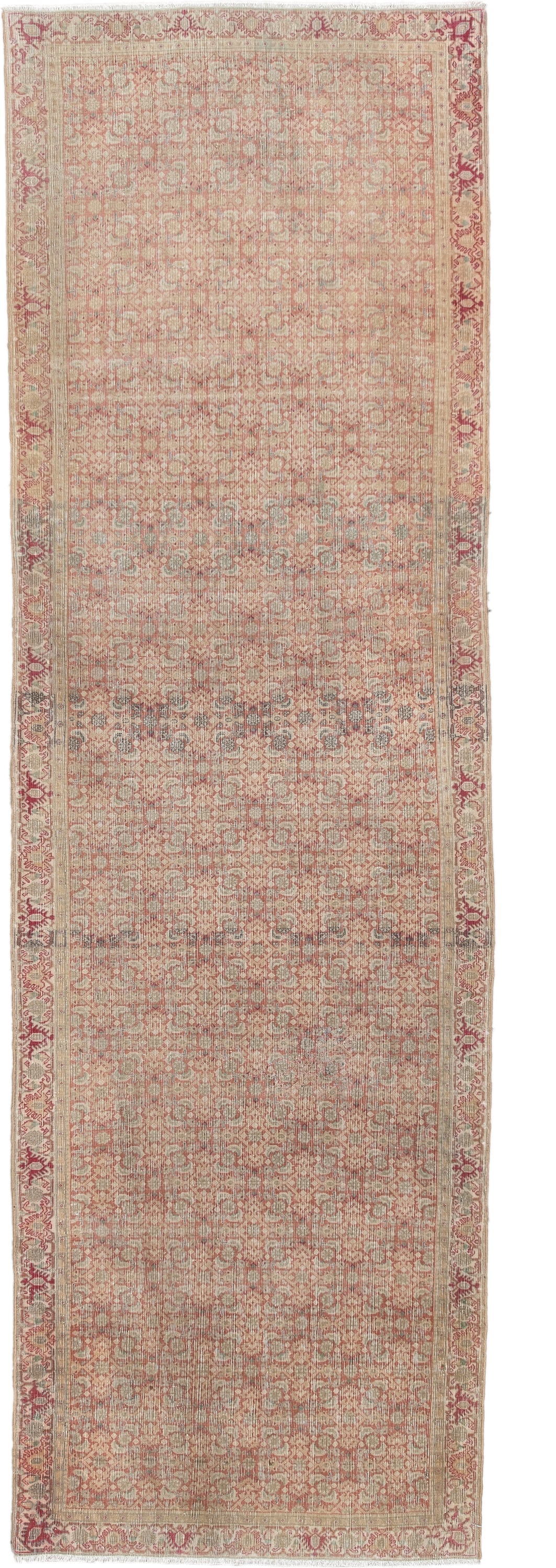 2' x 9' one-of-a-kind handmade antique Bidjar runner rug. Color palette: ivory, rose, muted rust, beige, blue gray, taupe
