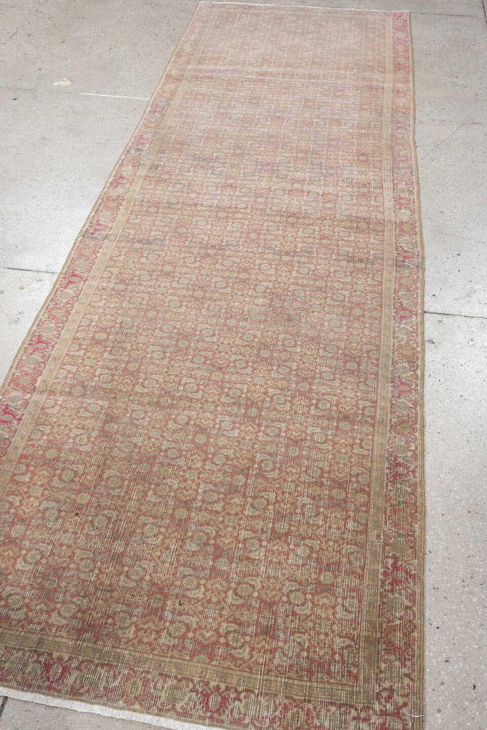2' x 9' one-of-a-kind handmade antique Bidjar runner rug. Color palette: ivory, rose, muted rust, beige, blue gray, taupe