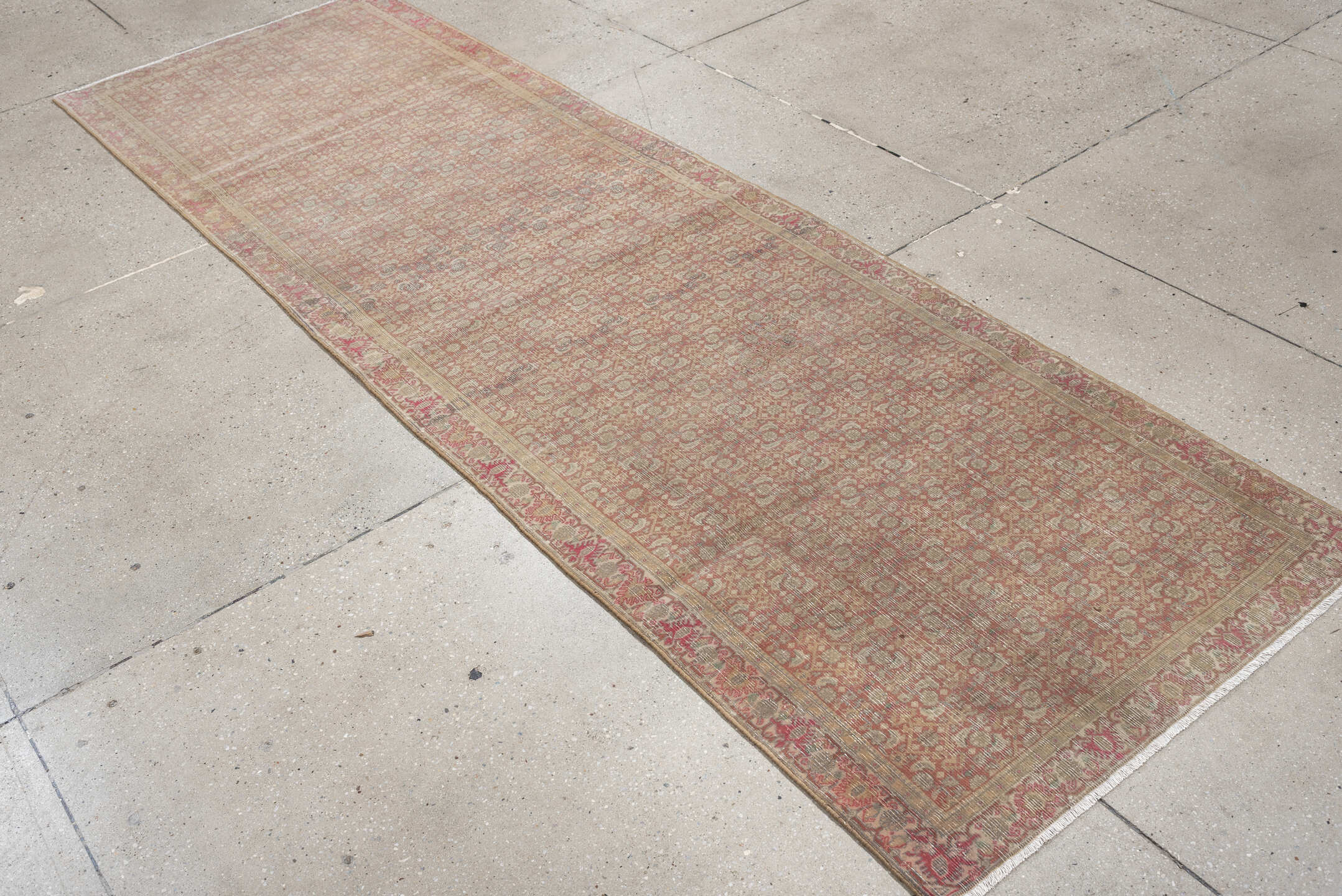 2' x 9' one-of-a-kind handmade antique Bidjar runner rug. Color palette: ivory, rose, muted rust, beige, blue gray, taupe