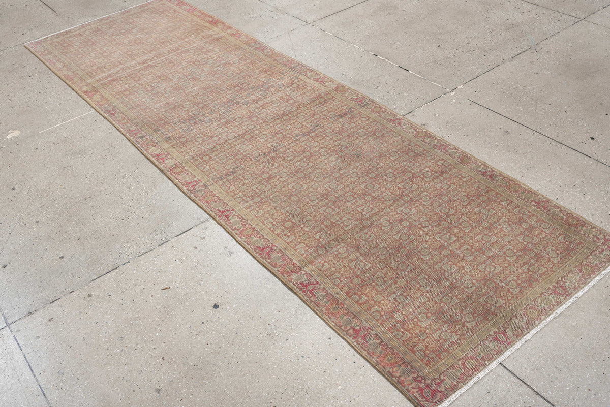 2' x 9' one-of-a-kind handmade antique Bidjar runner rug. Color palette: ivory, rose, muted rust, beige, blue gray, taupe