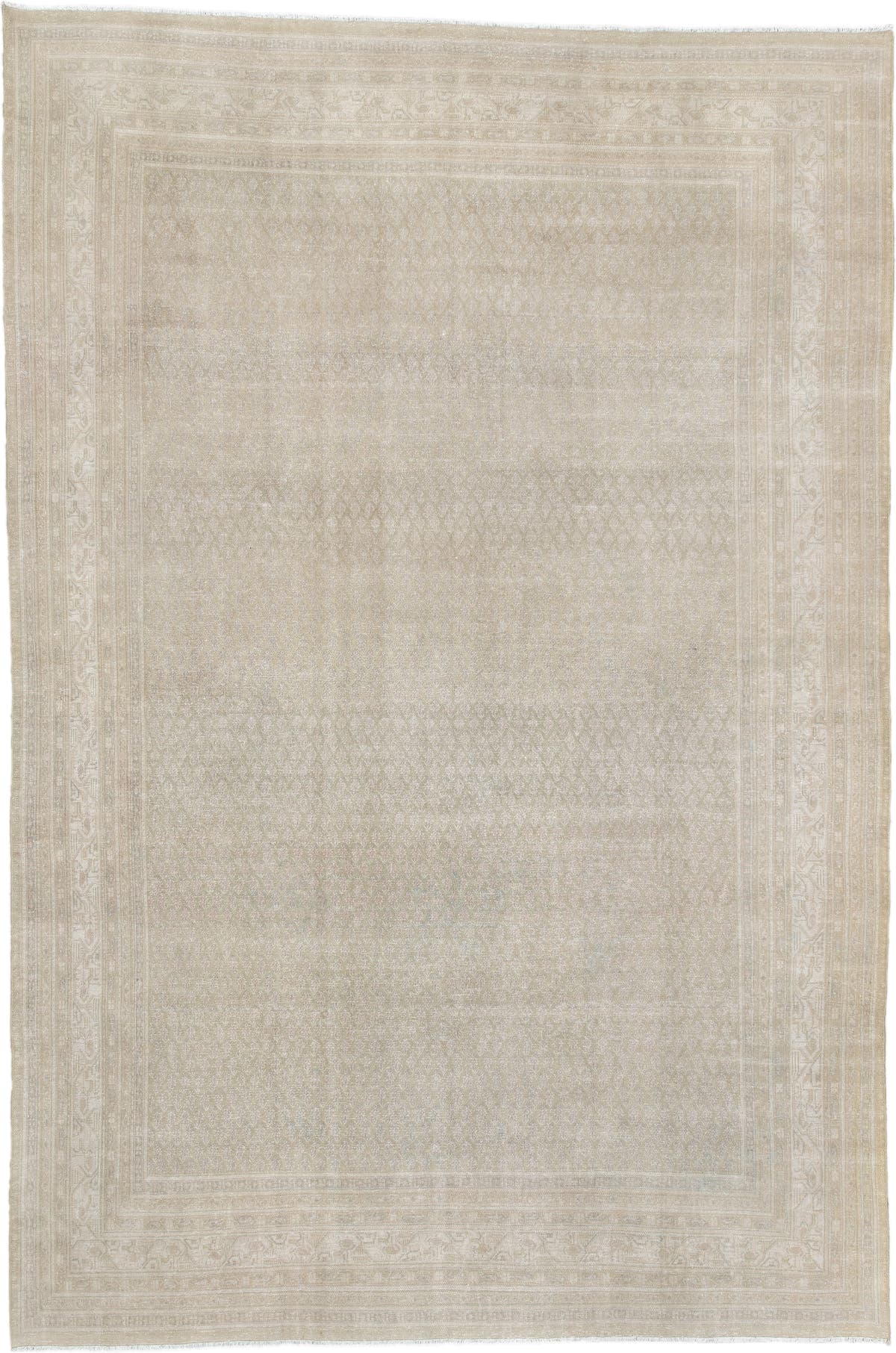 7' x 10' one-of-a-kind handmade antique Mir large size rug. Color palette: ivory, beige, sand, taupe, cream, light gray