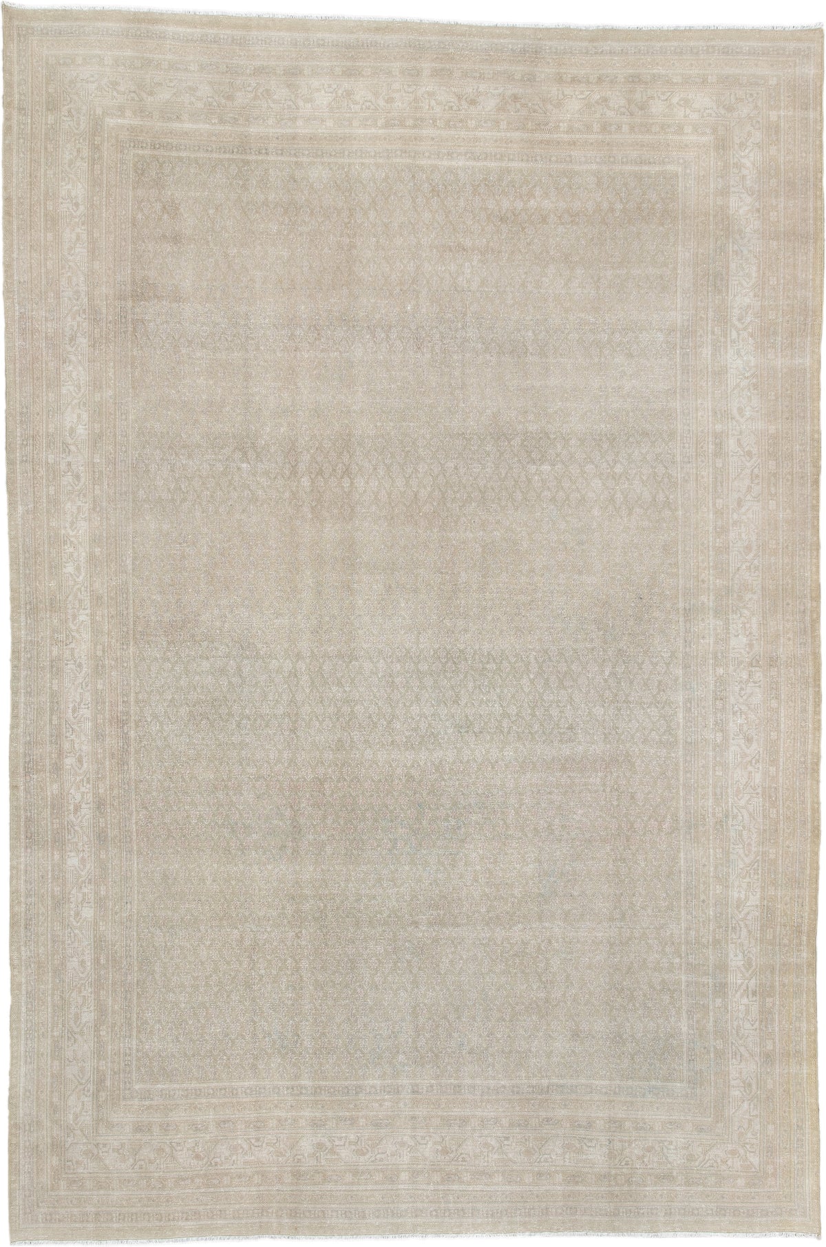 7' x 10' one-of-a-kind handmade antique Mir large size rug. Color palette: ivory, beige, sand, taupe, cream, light gray