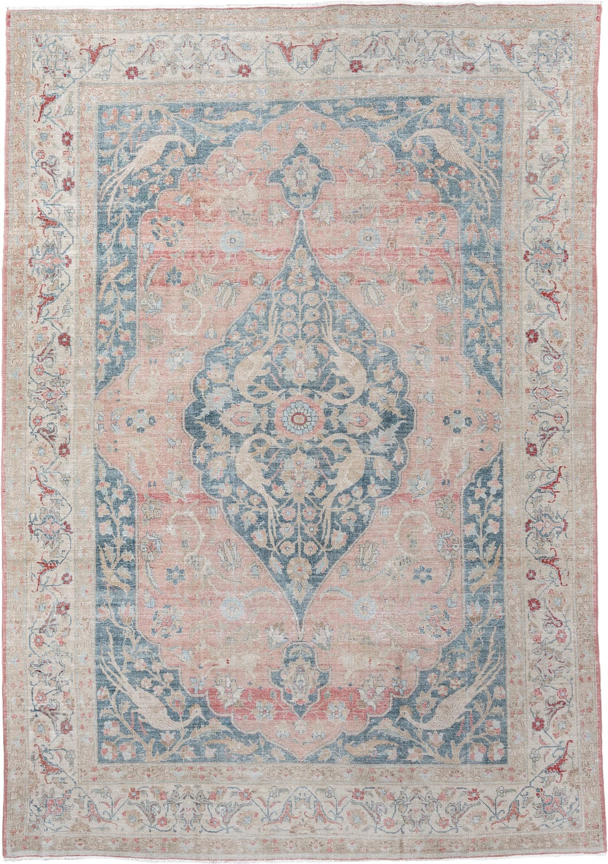 7' x 11' one-of-a-kind handmade antique Tabriz large size rug. Color palette: blush, ivory, blue gray, sage, crimson, rose