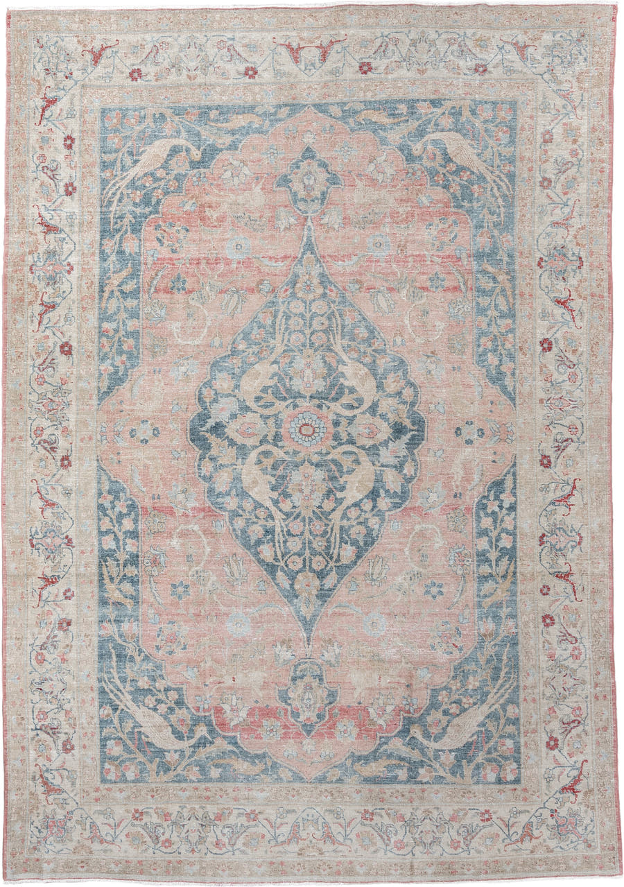 7' x 11' one-of-a-kind handmade antique Tabriz large size rug. Color palette: blush, ivory, blue gray, sage, crimson, rose