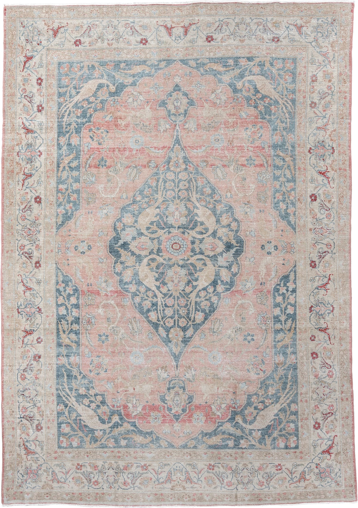 7' x 11' one-of-a-kind handmade antique Tabriz large size rug. Color palette: blush, ivory, blue gray, sage, crimson, rose