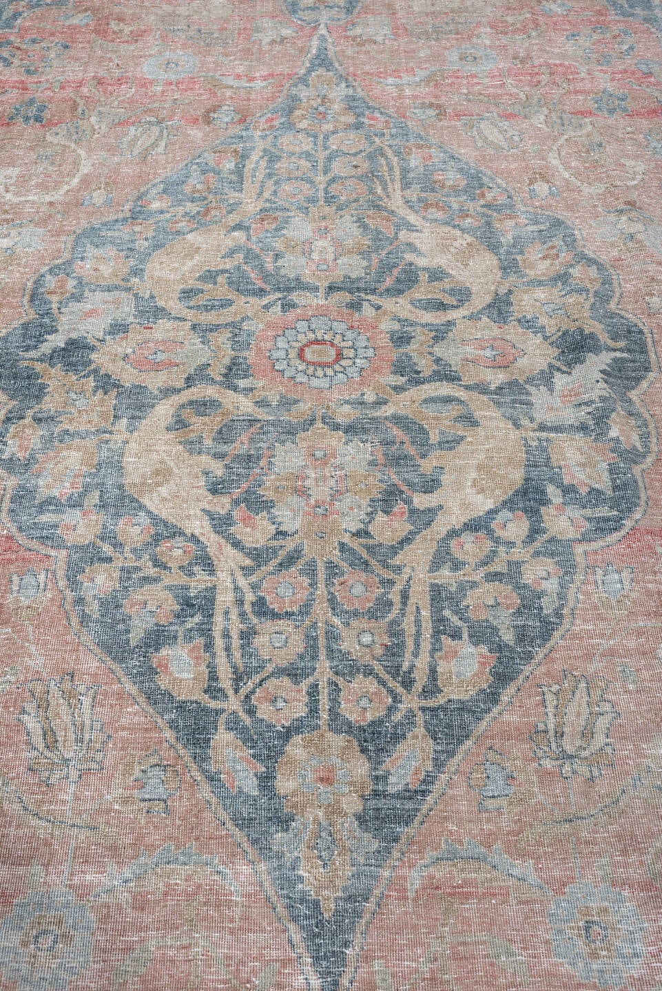 7' x 11' one-of-a-kind handmade antique Tabriz large size rug. Color palette: blush, ivory, blue gray, sage, crimson, rose