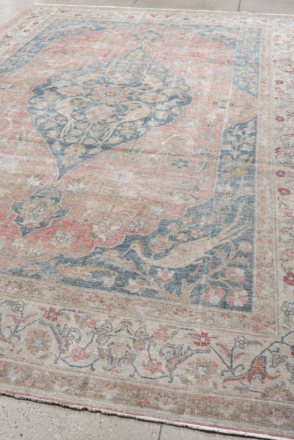 7' x 11' one-of-a-kind handmade antique Tabriz large size rug. Color palette: blush, ivory, blue gray, sage, crimson, rose