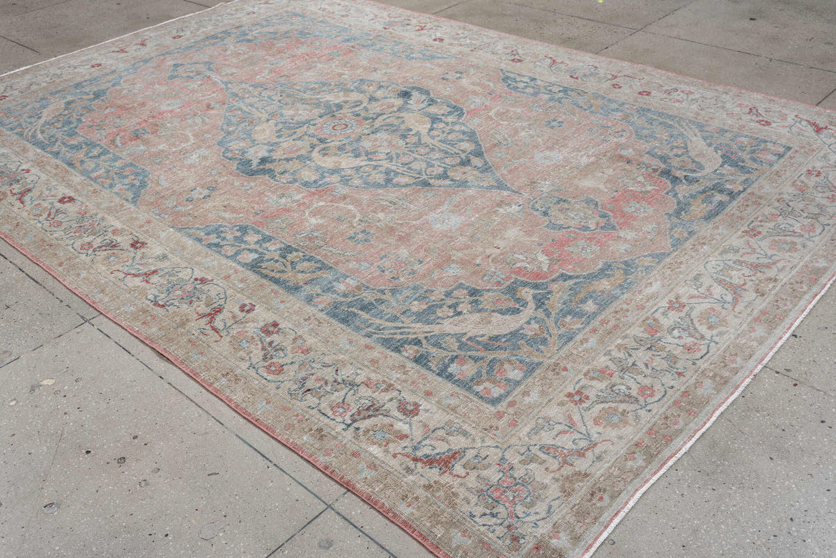 7' x 11' one-of-a-kind handmade antique Tabriz large size rug. Color palette: blush, ivory, blue gray, sage, crimson, rose