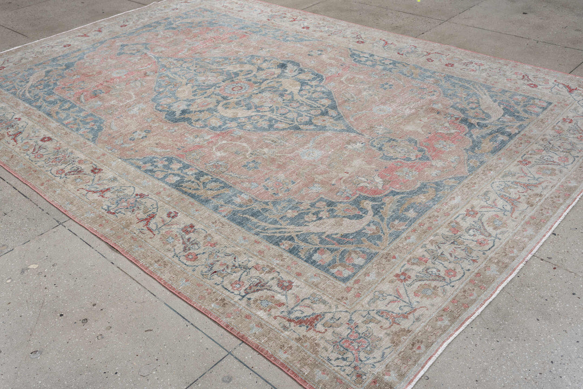 7' x 11' one-of-a-kind handmade antique Tabriz large size rug. Color palette: blush, ivory, blue gray, sage, crimson, rose
