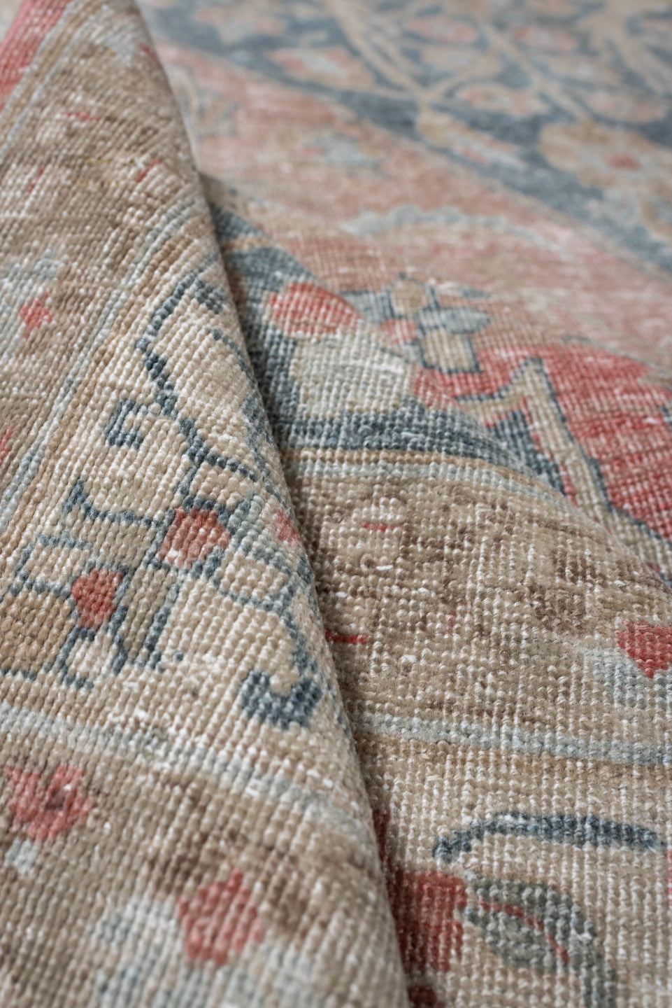 7' x 11' one-of-a-kind handmade antique Tabriz large size rug. Color palette: blush, ivory, blue gray, sage, crimson, rose