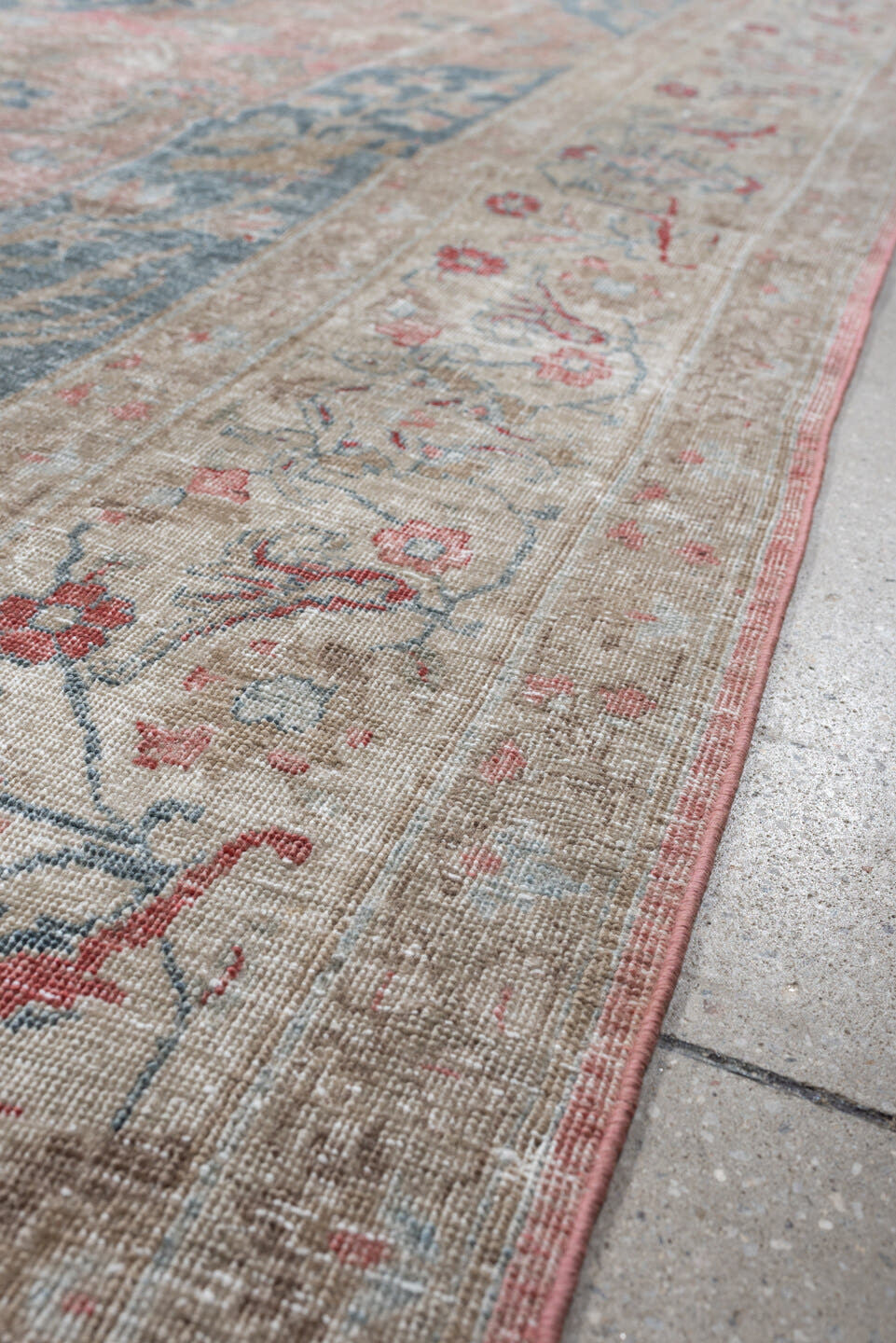 7' x 11' one-of-a-kind handmade antique Tabriz large size rug. Color palette: blush, ivory, blue gray, sage, crimson, rose