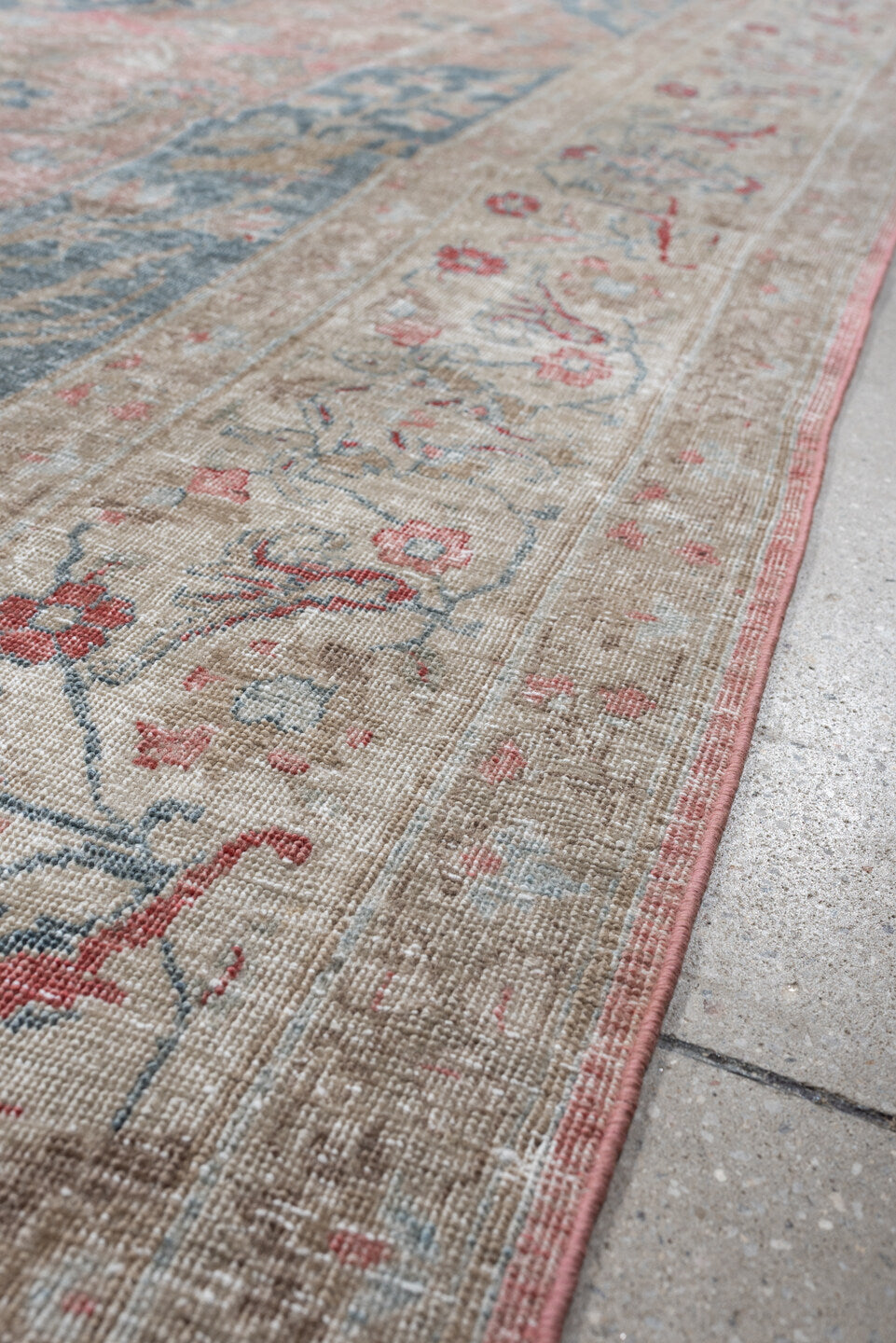 7' x 11' one-of-a-kind handmade antique Tabriz large size rug. Color palette: blush, ivory, blue gray, sage, crimson, rose