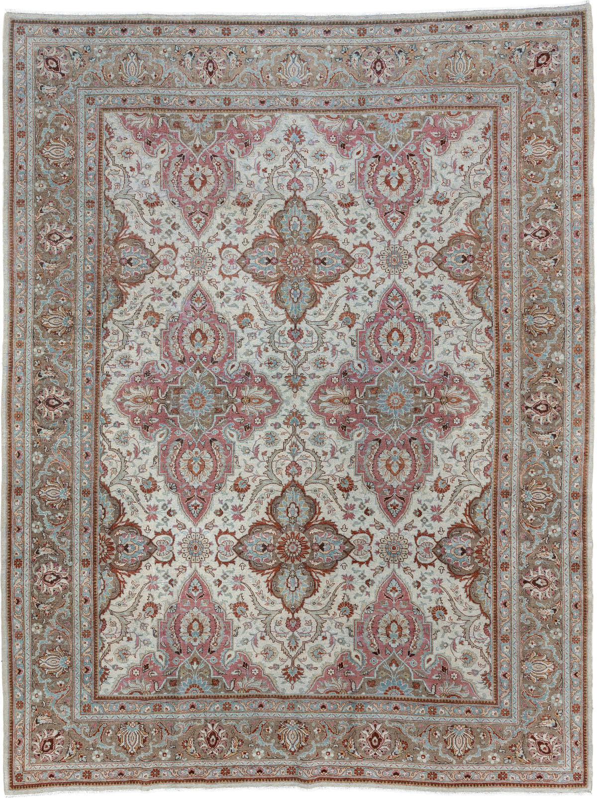 9' x 11' one-of-a-kind handmade antique Sarouk large size rug. Color palette: ivory, taupe, dusty rose, teal, terracotta