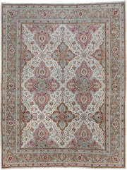 9' x 11' one-of-a-kind handmade antique Sarouk large size rug. Color palette: ivory, taupe, dusty rose, teal, terracotta