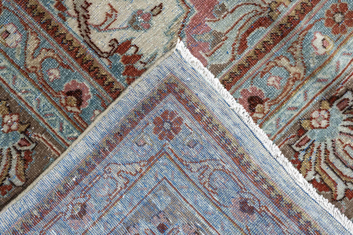 9' x 11' one-of-a-kind handmade antique Sarouk large size rug. Color palette: ivory, taupe, dusty rose, teal, terracotta