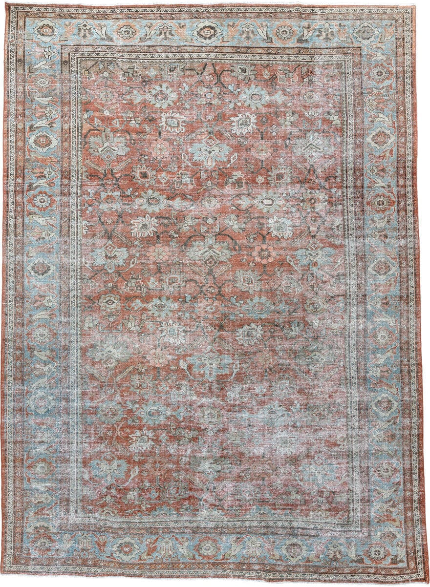 8' x 12' one-of-a-kind handmade antique Mahal large size rug. Color palette: terracotta, pale blue, ivory, rose, blue gray