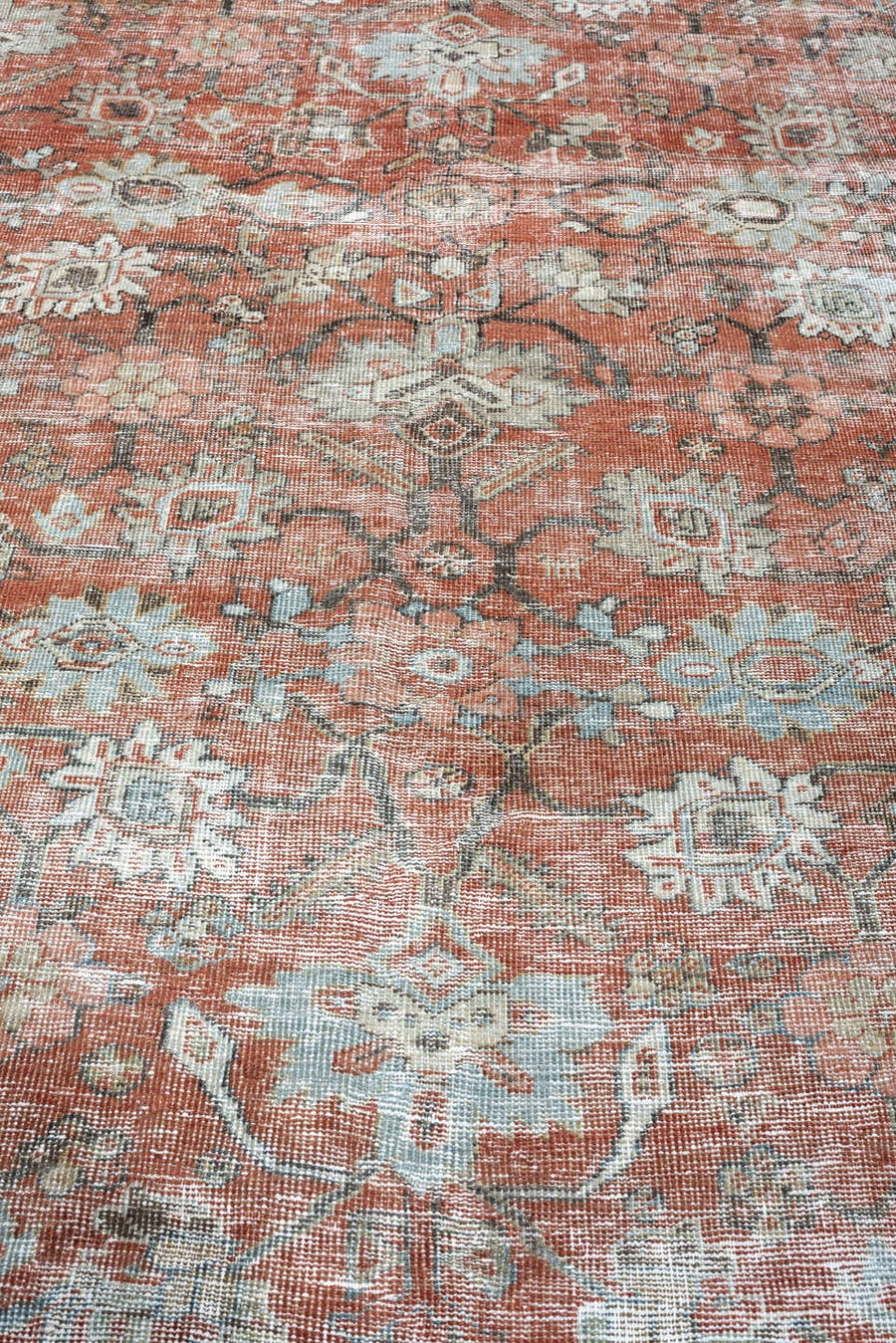 8' x 12' one-of-a-kind handmade antique Mahal large size rug. Color palette: terracotta, pale blue, ivory, rose, blue gray