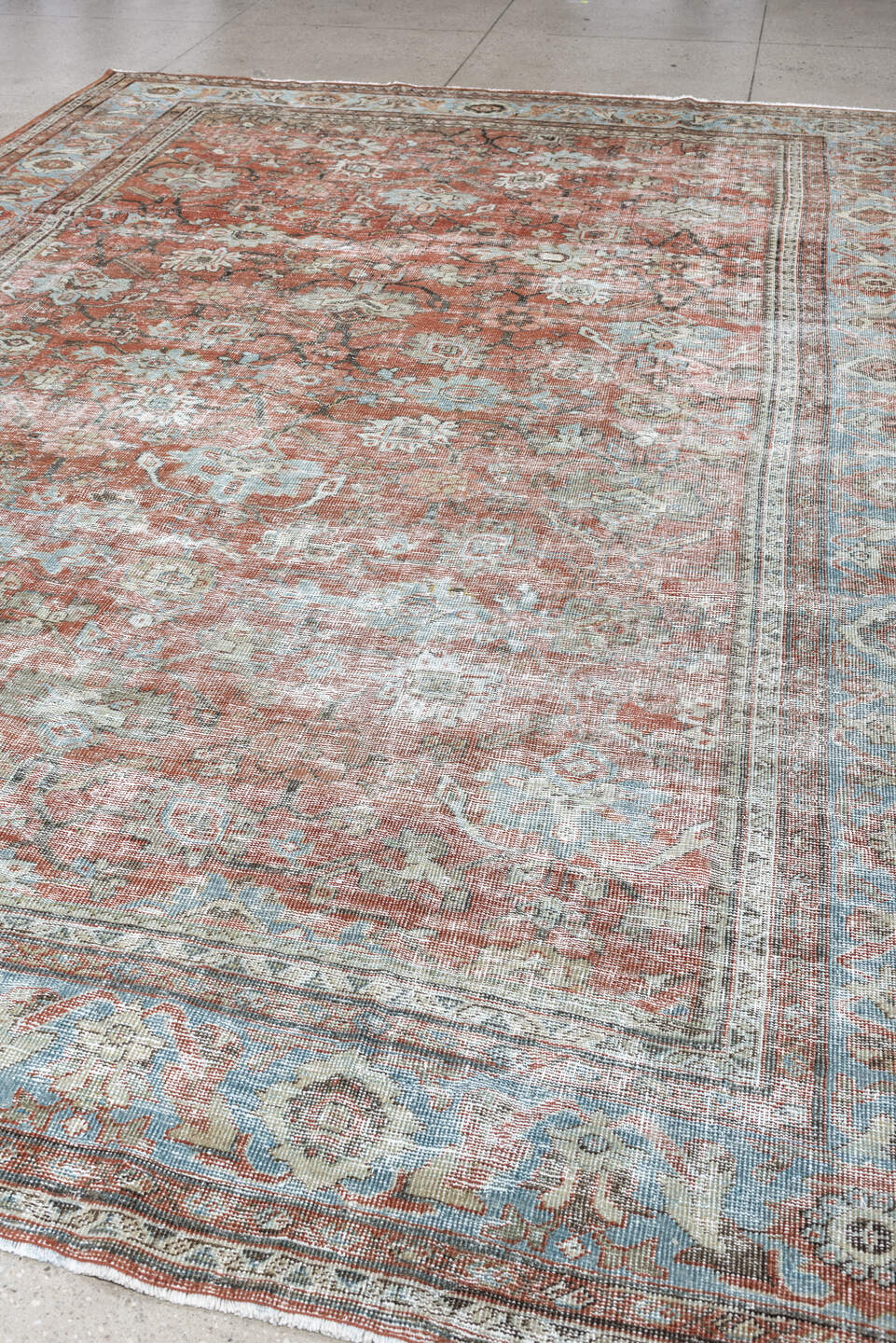 8' x 12' one-of-a-kind handmade antique Mahal large size rug. Color palette: terracotta, pale blue, ivory, rose, blue gray