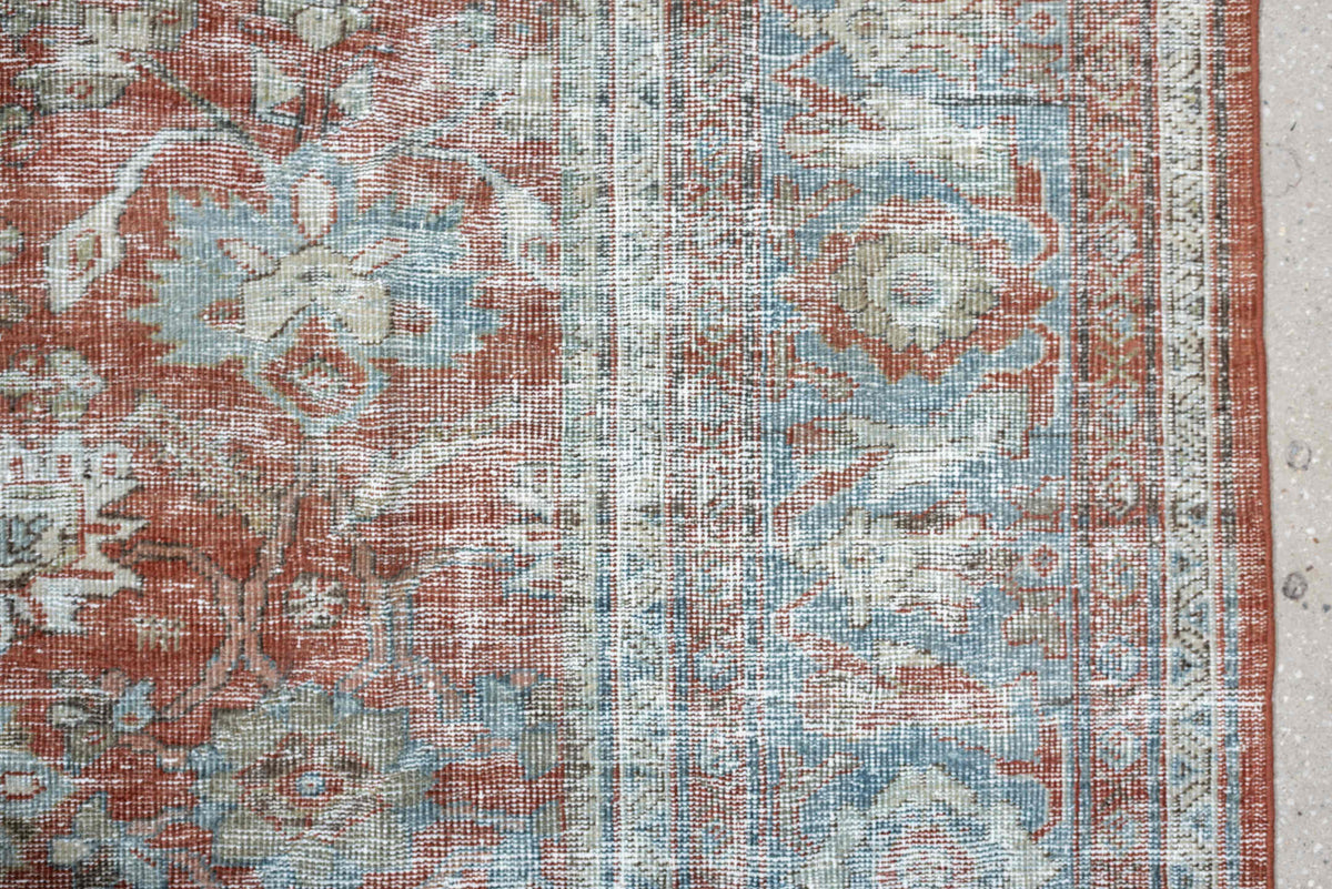 8' x 12' one-of-a-kind handmade antique Mahal large size rug. Color palette: terracotta, pale blue, ivory, rose, blue gray