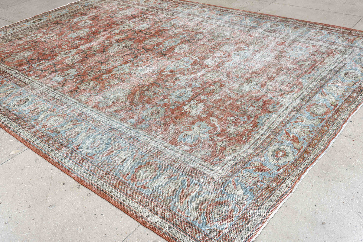 8' x 12' one-of-a-kind handmade antique Mahal large size rug. Color palette: terracotta, pale blue, ivory, rose, blue gray