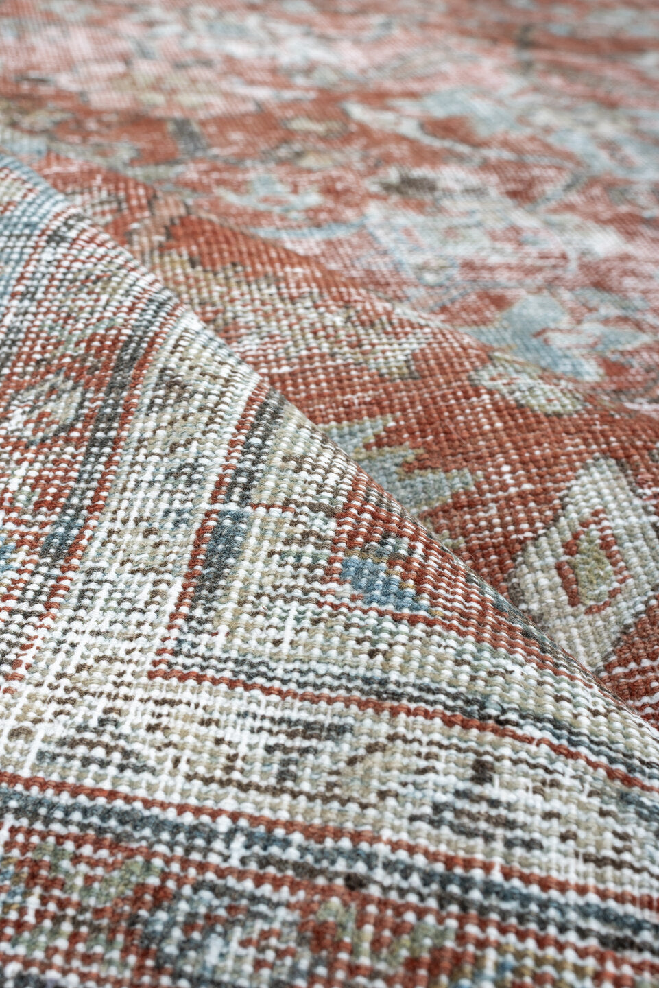 8' x 12' one-of-a-kind handmade antique Mahal large size rug. Color palette: terracotta, pale blue, ivory, rose, blue gray