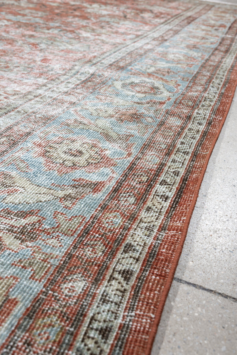 8' x 12' one-of-a-kind handmade antique Mahal large size rug. Color palette: terracotta, pale blue, ivory, rose, blue gray