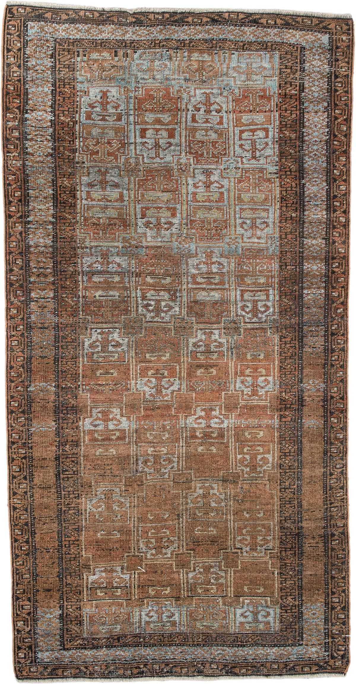2' x 5' one-of-a-kind handmade antique Belouch small size rug. Color palette: camel, rust, pale blue, ivory, charcoal, taupe