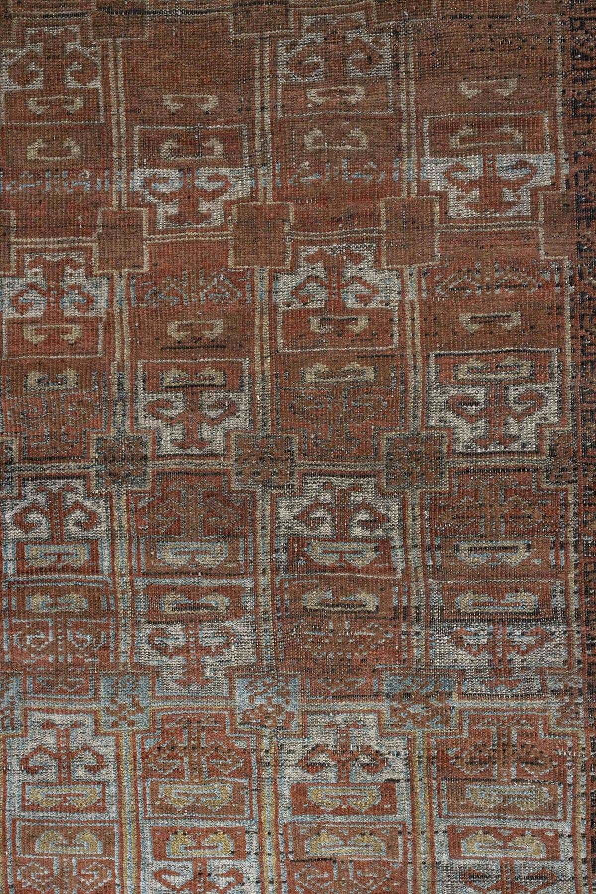 2' x 5' one-of-a-kind handmade antique Belouch small size rug. Color palette: camel, rust, pale blue, ivory, charcoal, taupe