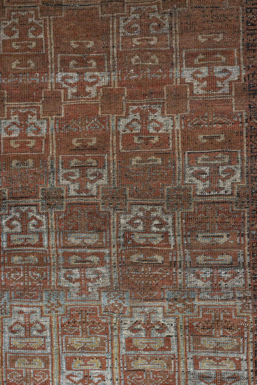 2' x 5' one-of-a-kind handmade antique Belouch small size rug. Color palette: camel, rust, pale blue, ivory, charcoal, taupe