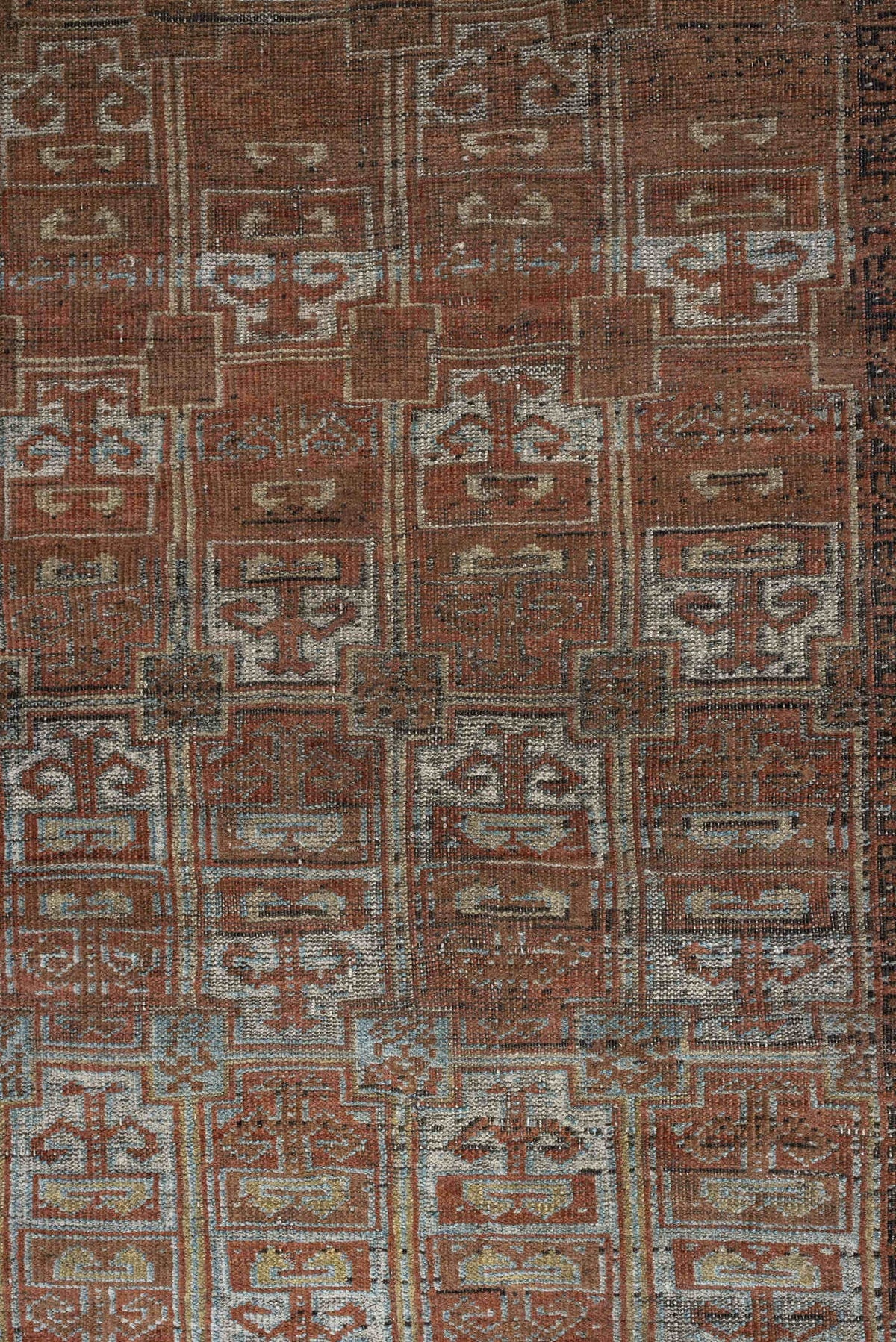 2' x 5' one-of-a-kind handmade antique Belouch small size rug. Color palette: camel, rust, pale blue, ivory, charcoal, taupe