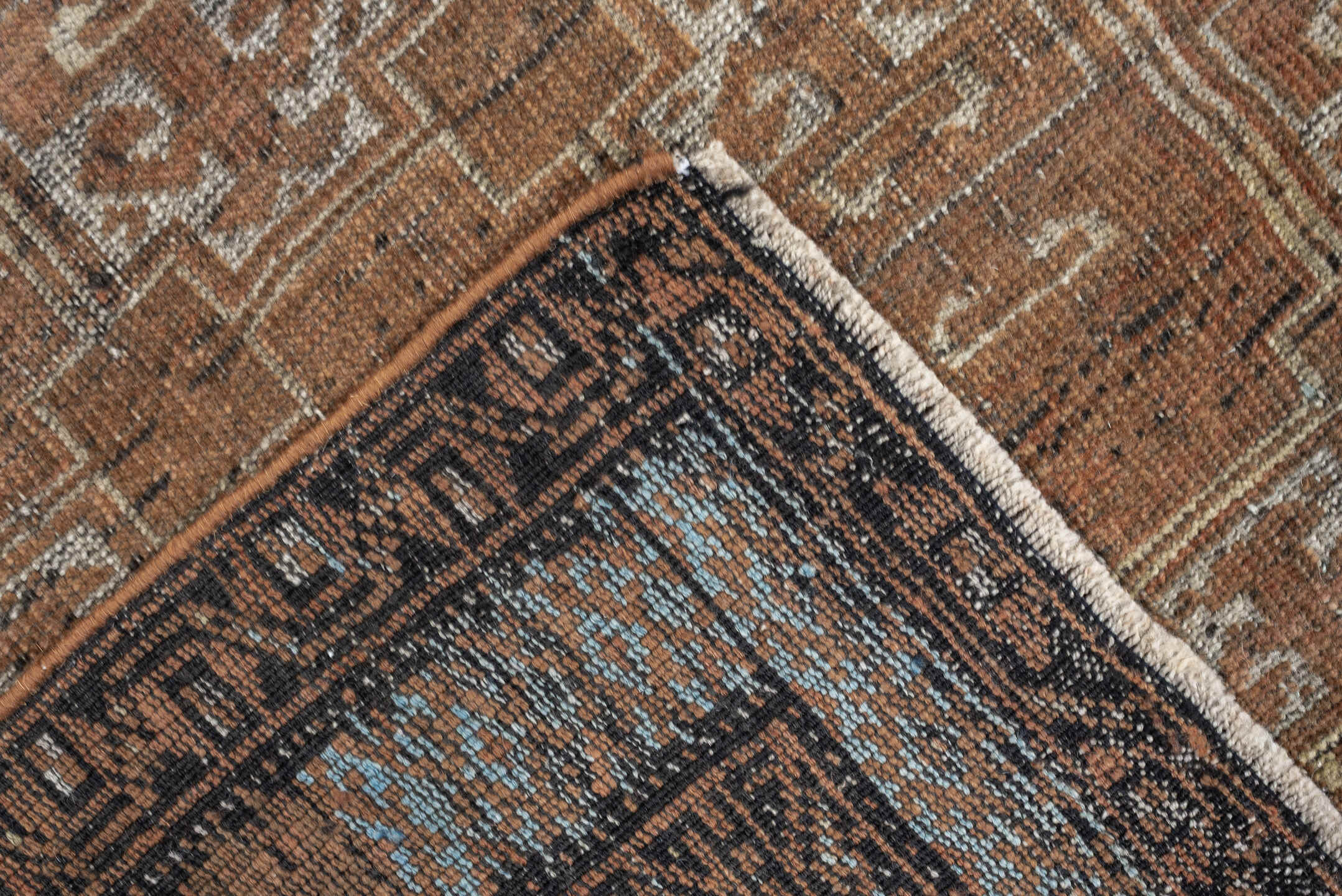 2' x 5' one-of-a-kind handmade antique Belouch small size rug. Color palette: camel, rust, pale blue, ivory, charcoal, taupe
