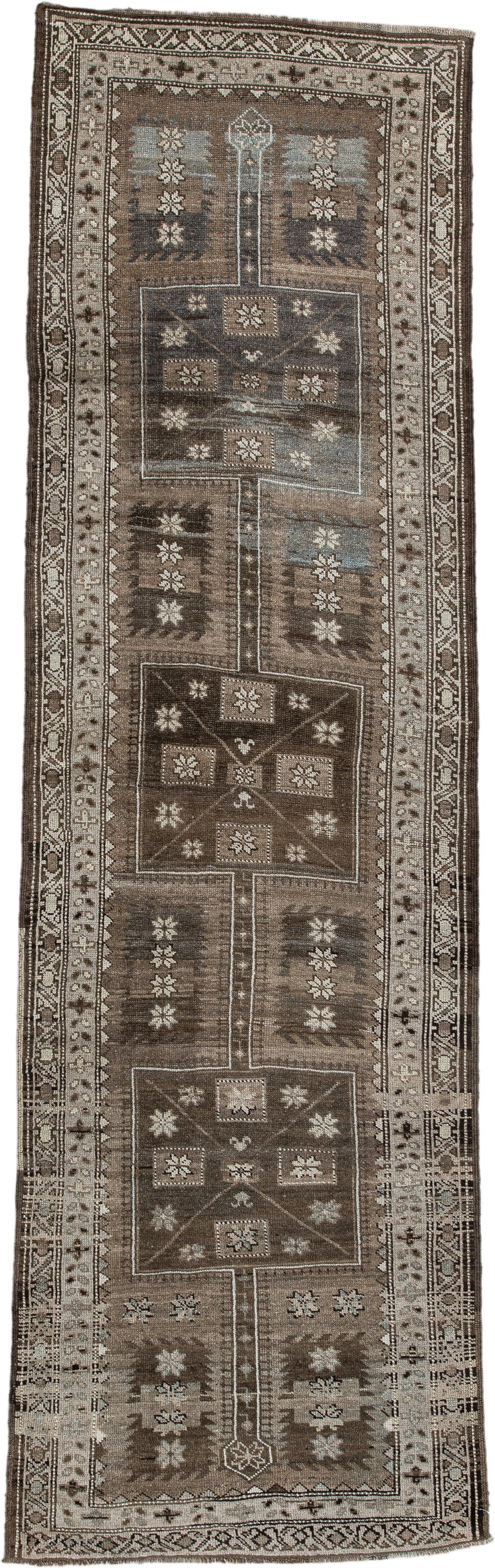 3' x 10' one-of-a-kind handmade antique NW Persian runner rug. Color palette: taupe, brown, ivory, blue gray, charcoal