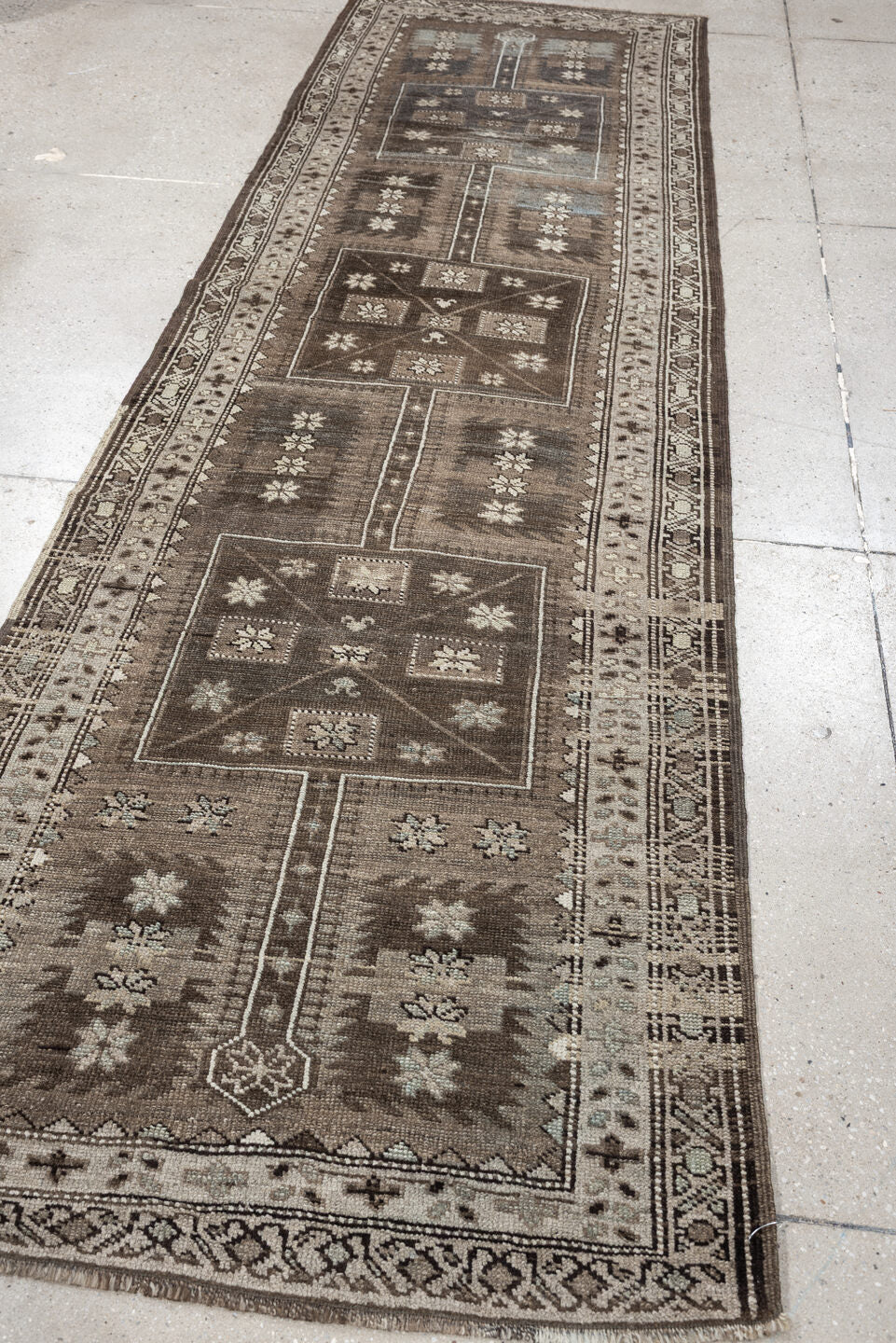 3' x 10' one-of-a-kind handmade antique NW Persian runner rug. Color palette: taupe, brown, ivory, blue gray, charcoal