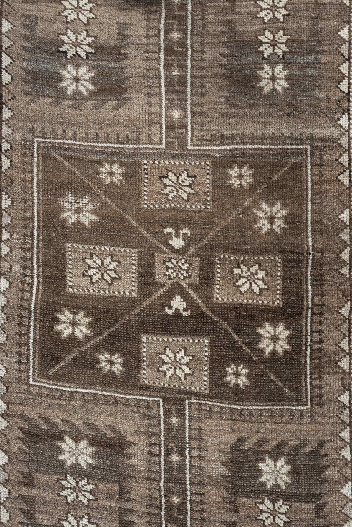 3' x 10' one-of-a-kind handmade antique NW Persian runner rug. Color palette: taupe, brown, ivory, blue gray, charcoal
