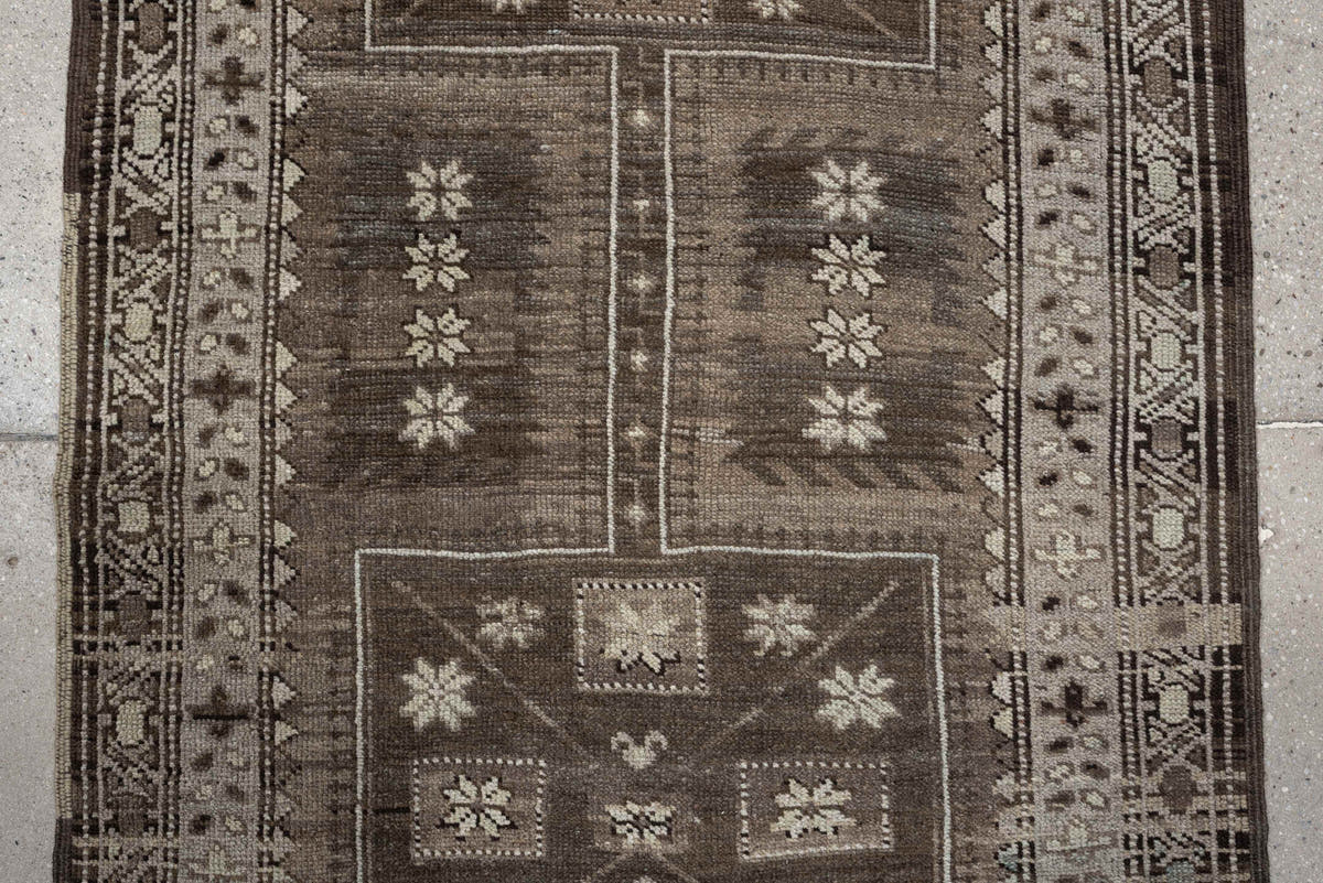 3' x 10' one-of-a-kind handmade antique NW Persian runner rug. Color palette: taupe, brown, ivory, blue gray, charcoal