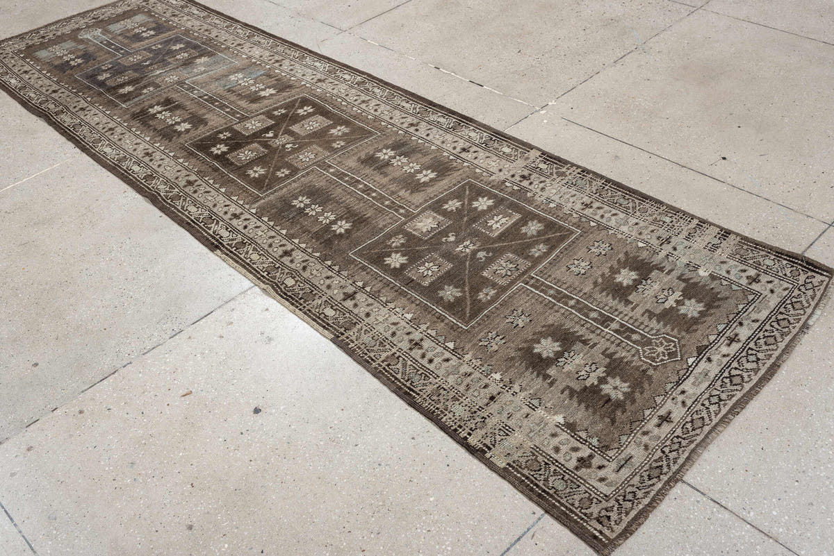 3' x 10' one-of-a-kind handmade antique NW Persian runner rug. Color palette: taupe, brown, ivory, blue gray, charcoal