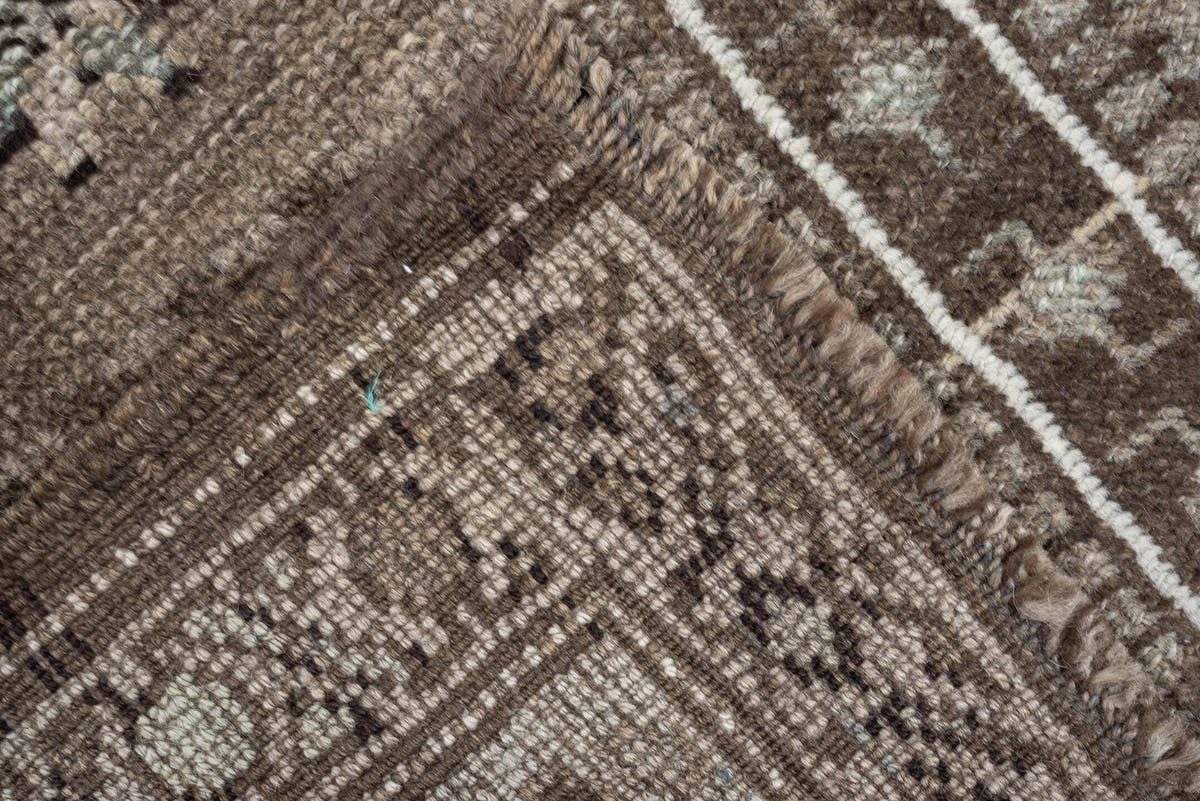 3' x 10' one-of-a-kind handmade antique NW Persian runner rug. Color palette: taupe, brown, ivory, blue gray, charcoal