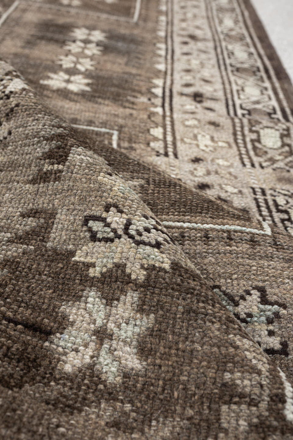 3' x 10' one-of-a-kind handmade antique NW Persian runner rug. Color palette: taupe, brown, ivory, blue gray, charcoal